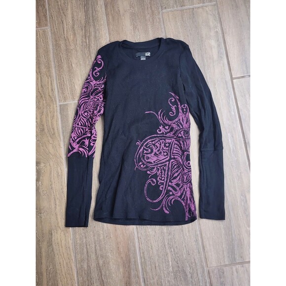 Fox Tops - VTG Y2K Fox Thermal Shirt  M Black Pink Graphic Long Sleeve Crewneck